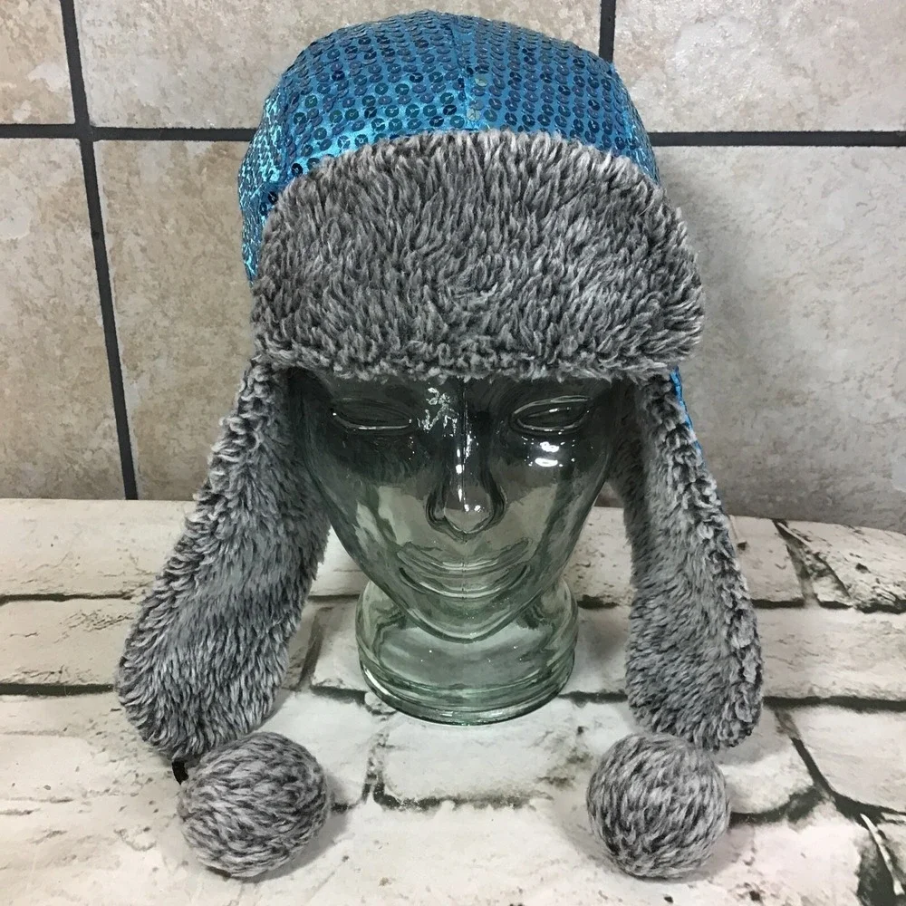 Blue Sequined Trapper Cap Girls OSFM Youth 6-16Yrs Hat Warm Winter